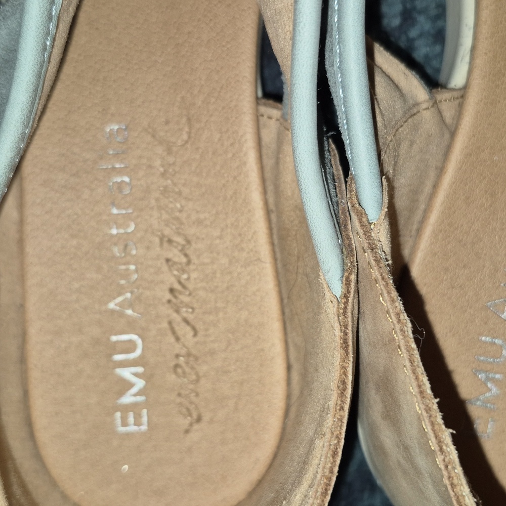 Mud Australia Tan and Gray Suede T-Strap Sandals with Ankle Buckle - Picture 2 of 5